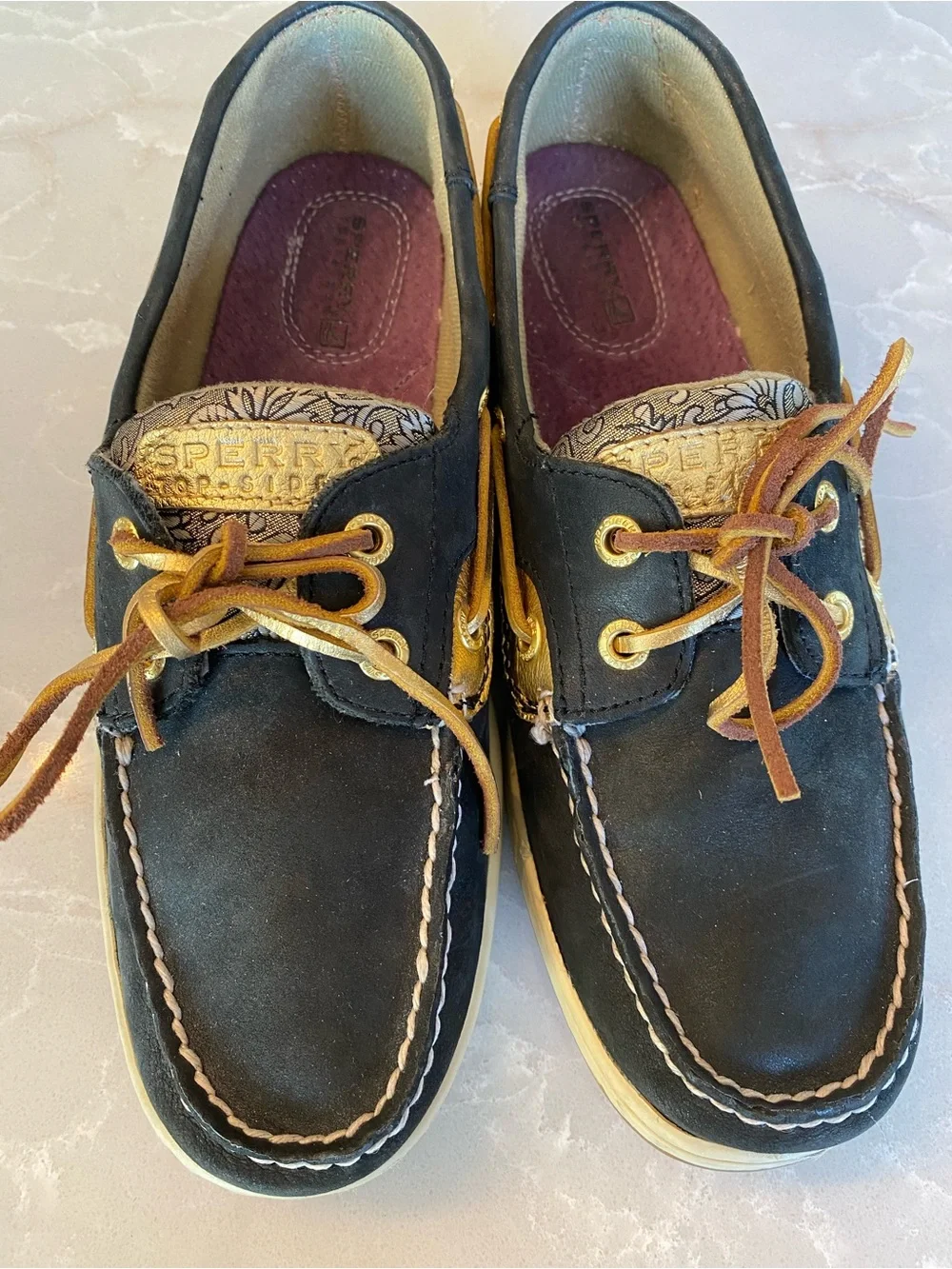 Sperry Women’s Angelfish Top-Sider Black & Gold Paisley Leather Boat Shoes size8